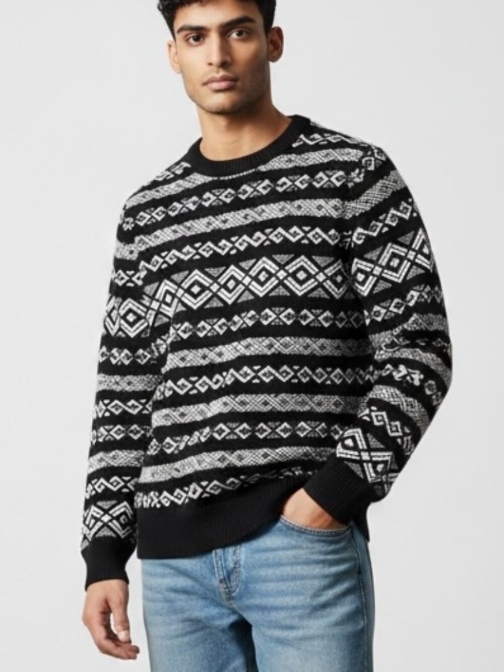 NEW‎ William Rast Sweater Men’s MEDIUM  Black & White Geometric Print Cotton